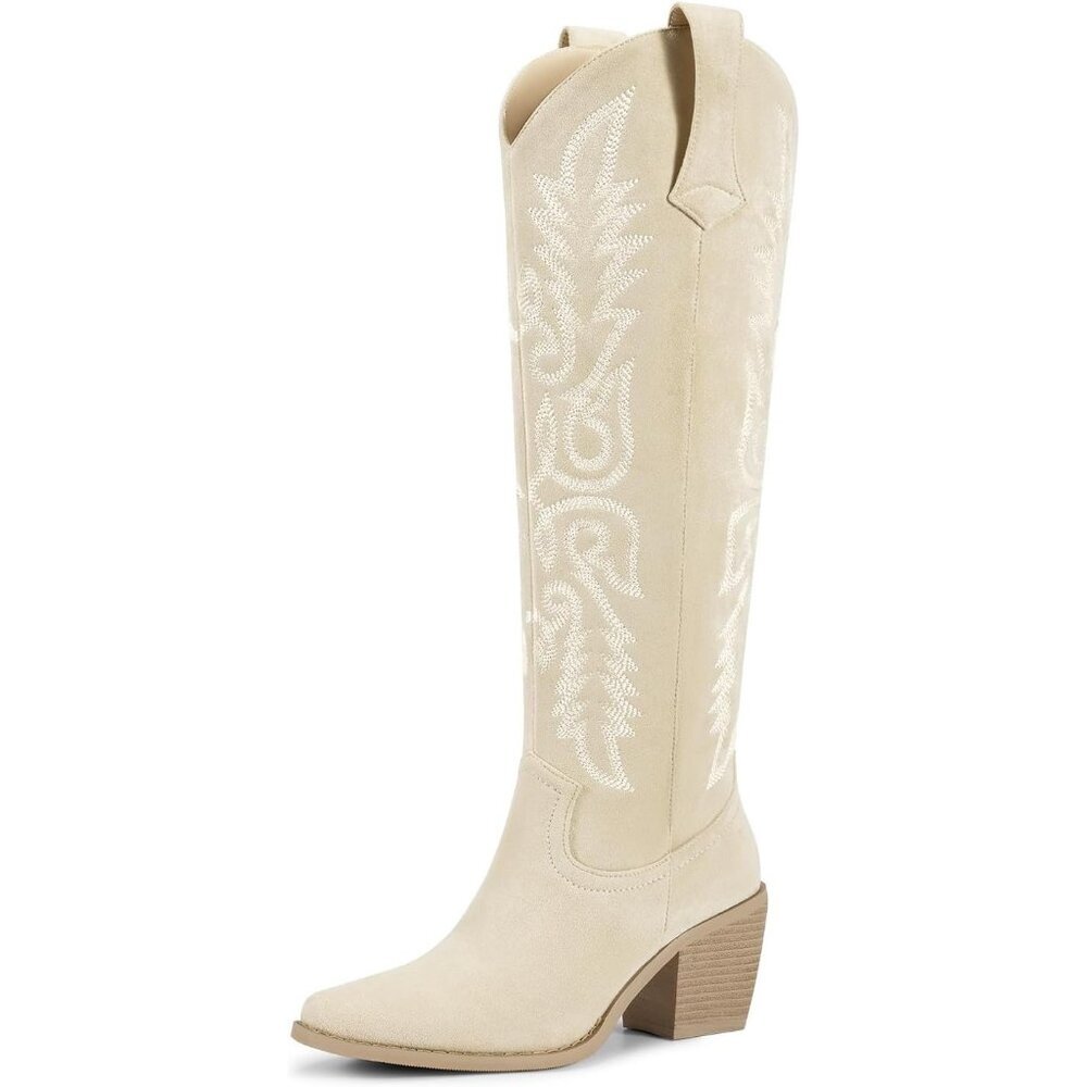 ⚡Womens Suede Beige Faux Leather Cowboy Side Zipper Knee High  Chunky Heel Boots